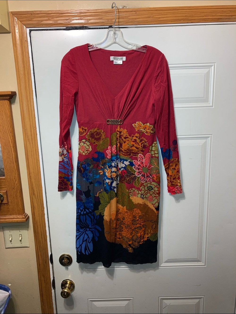 Kay Unger Floral V-Neck Long Sleeve Dress 8